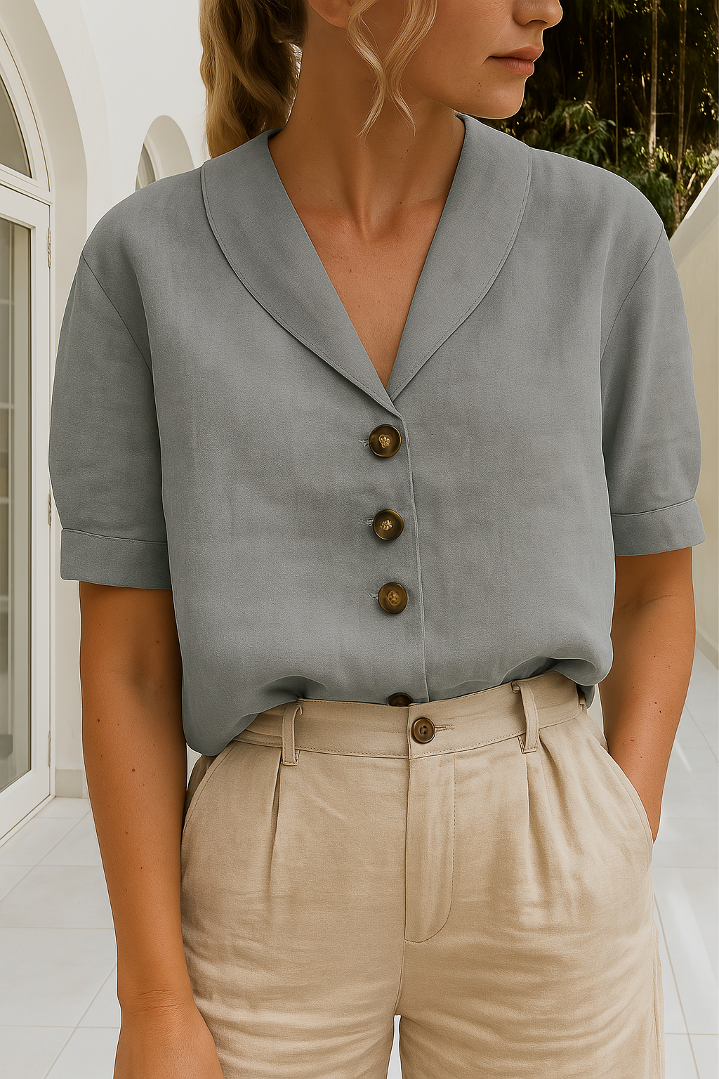 Octavia | Women's Button Front Short Sleeve Collared Blouse