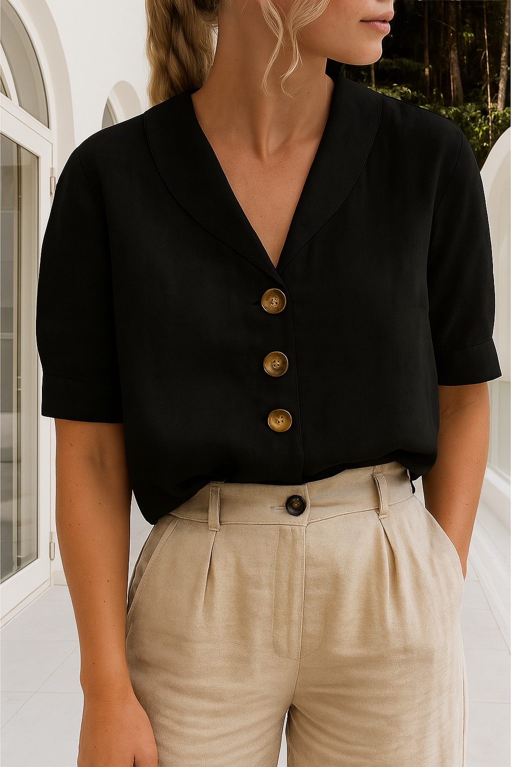 Octavia | Women's Button Front Short Sleeve Collared Blouse