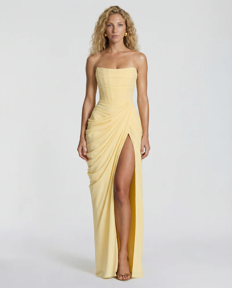 Olivia | Women’s Strapless Corset High Slit Wedding Guest Dress