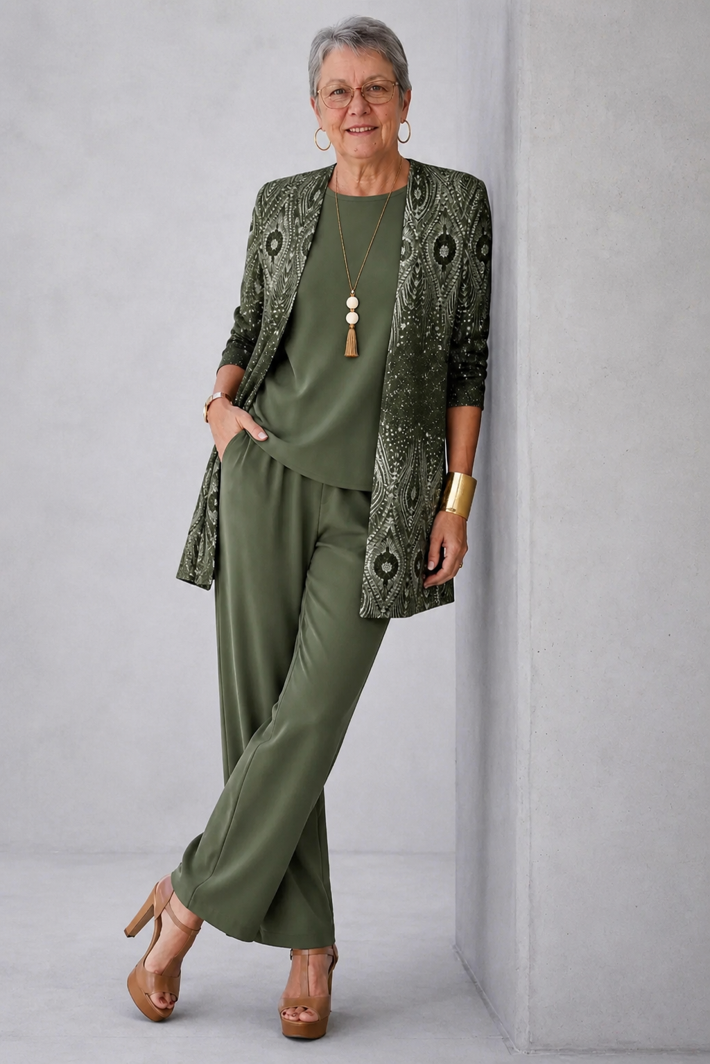 Paulina | Women's Printed Round Neck Straight Leg Three Piece Set
