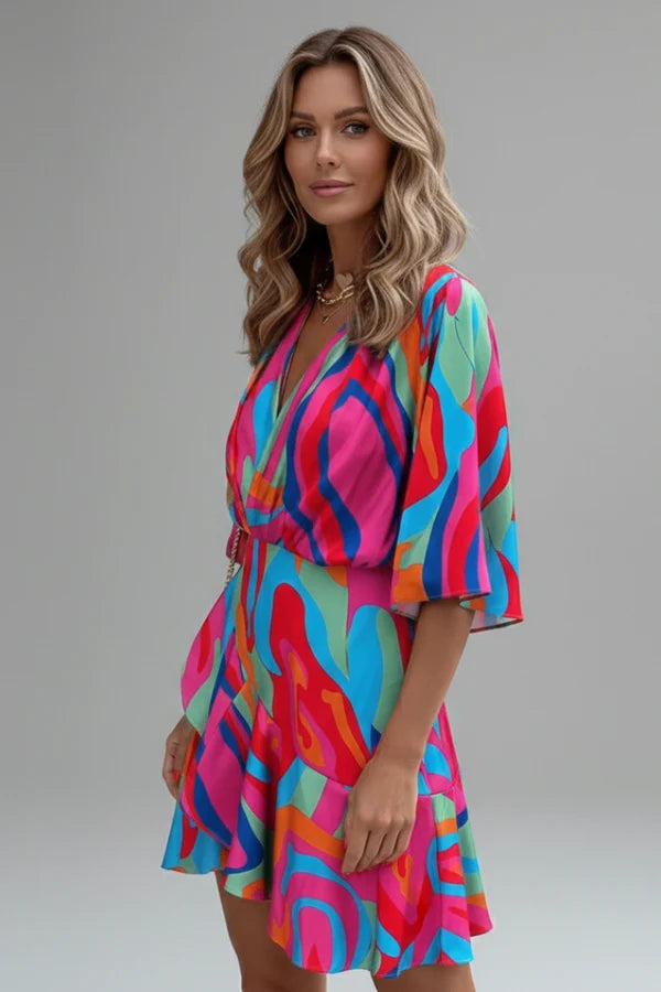 Polly | Women’s V Neck Wrap Waist Tie Summer Mini Dress