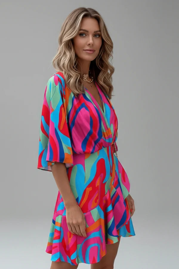 Polly | Women’s V Neck Wrap Waist Tie Summer Mini Dress