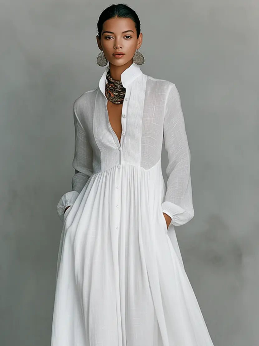 Rachelle | Women's Long Sleeve Button Front Collared Maxi Dress