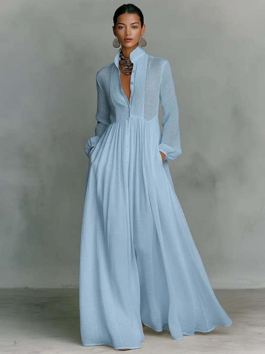 Rachelle | Women's Long Sleeve Button Front Collared Maxi Dress
