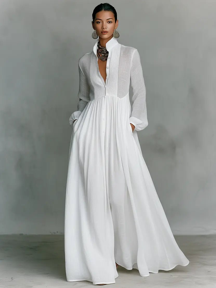 Rachelle | Women's Long Sleeve Button Front Collared Maxi Dress