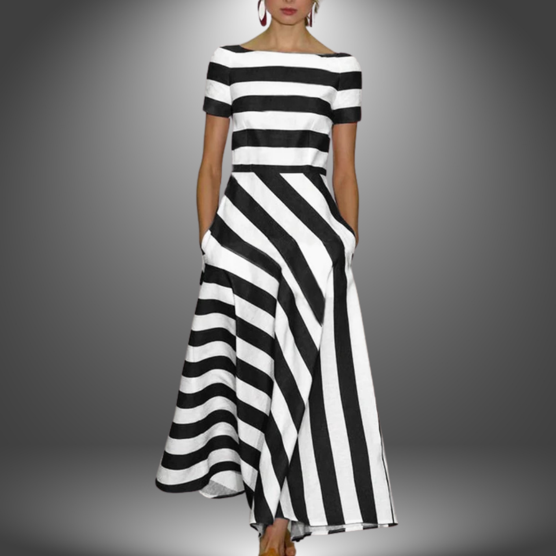 Raquel | Women's Striped Boat Neck Short Sleeve Midi Dress