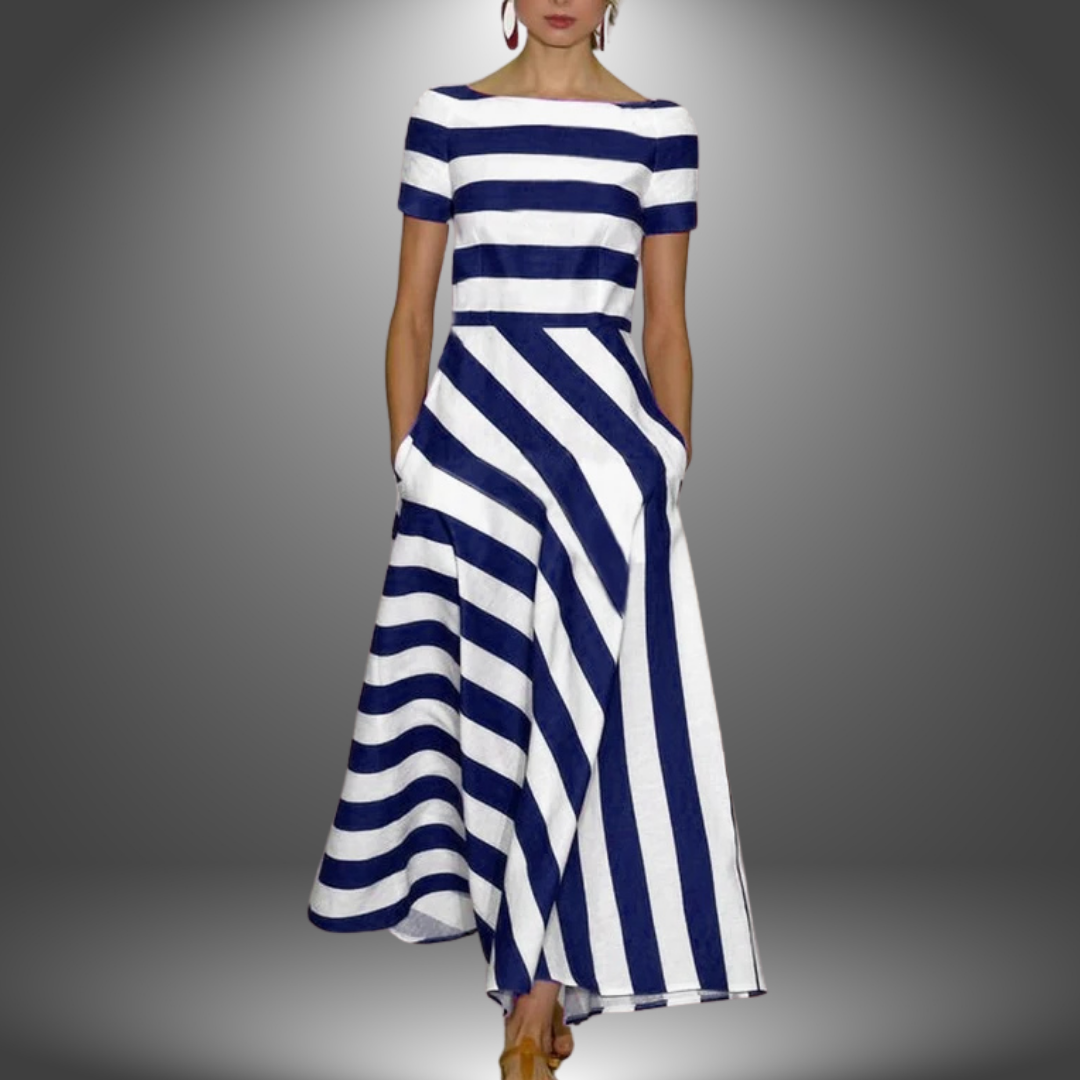 Raquel | Women's Striped Boat Neck Short Sleeve Midi Dress