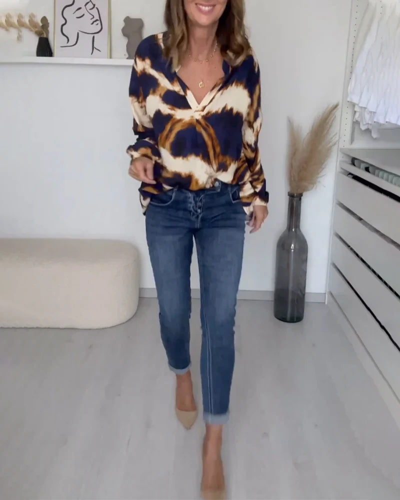 Renee | Women’s Long Sleeve V Neck Printed Blouse