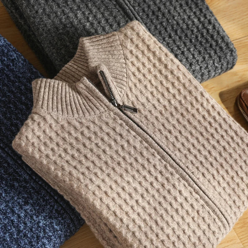 Ricardo | Men’s High Collar Zip Front Textured Knit Cardigan