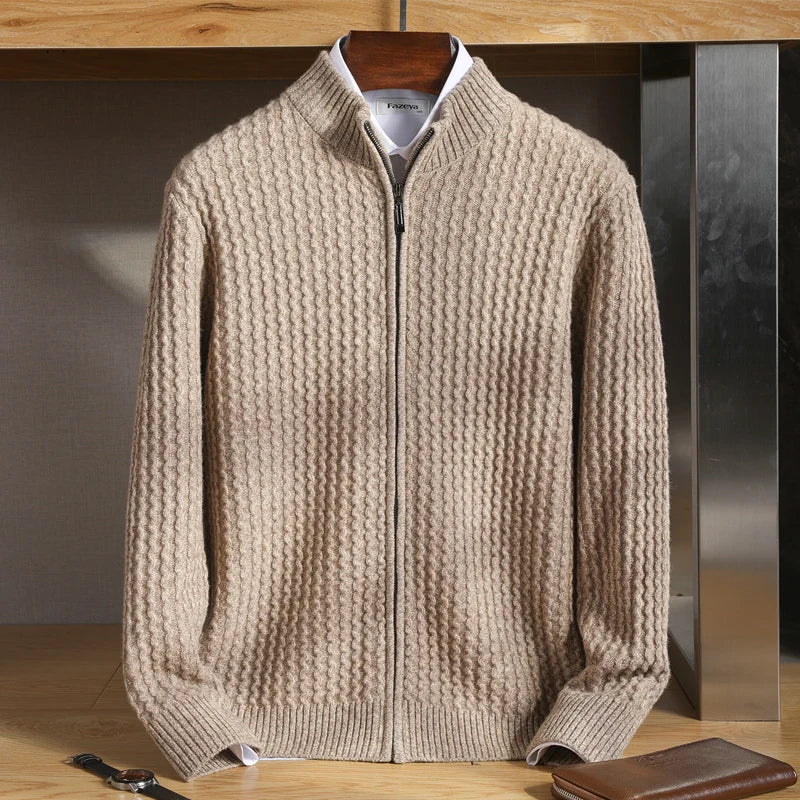 Ricardo | Men’s High Collar Zip Front Textured Knit Cardigan