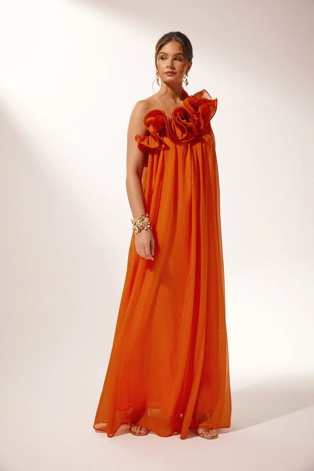Robin | Women’s Draped One Shoulder Ruffle Flowy Maxi Dress