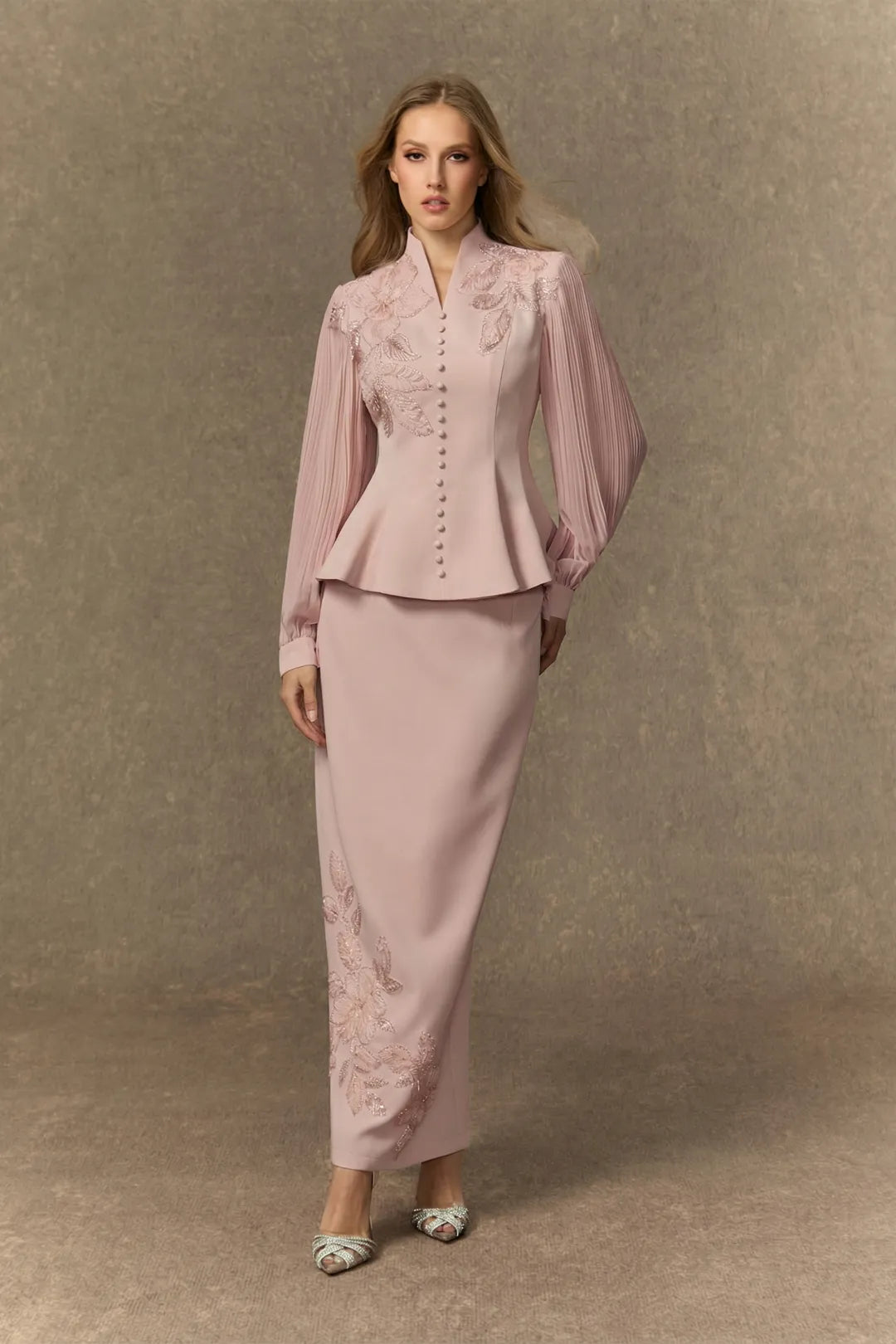 Rosa | Women's Embroidered Peplum Jacket and Maxi Skirt Set