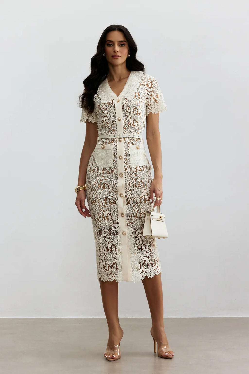 Rose | Women’s V Neck Short Sleeve Button Front Midi Dress