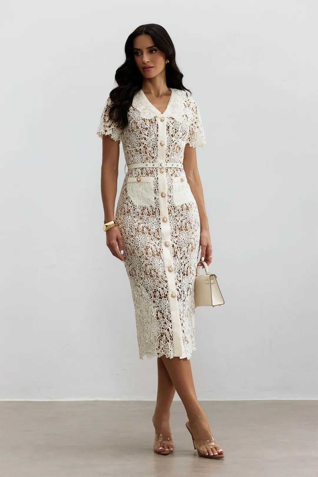 Rose | Women’s V Neck Short Sleeve Button Front Midi Dress