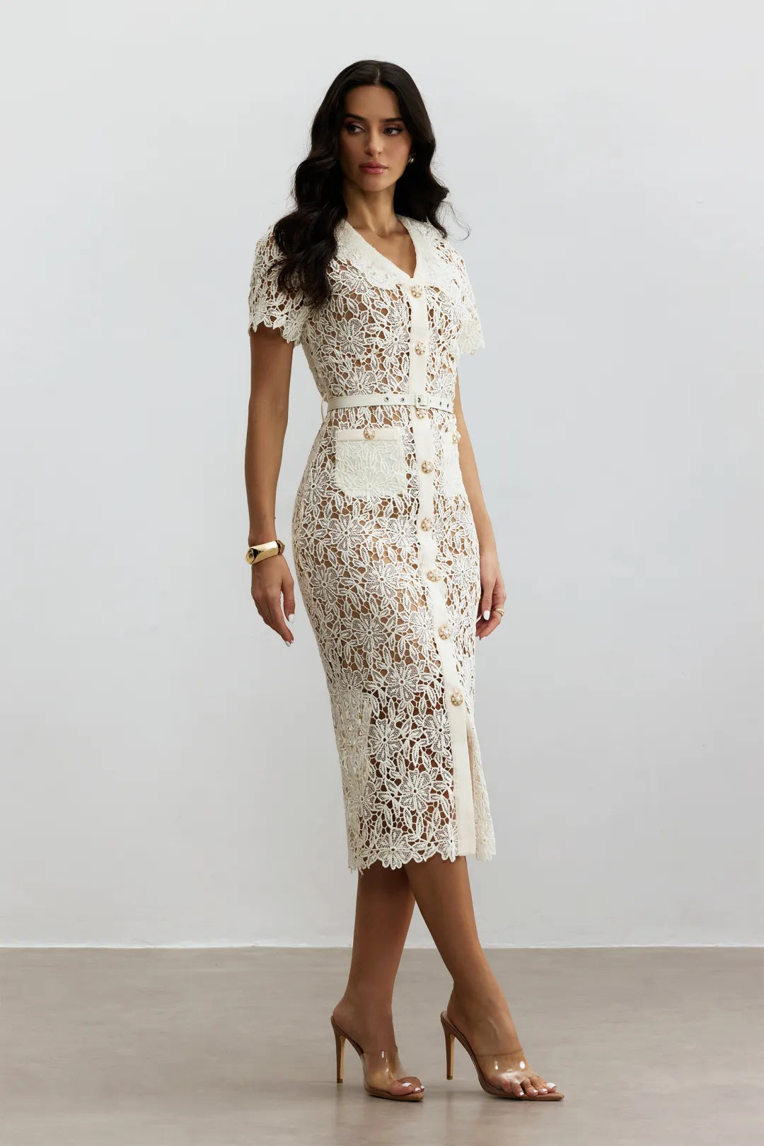 Rose | Women’s V Neck Short Sleeve Button Front Midi Dress