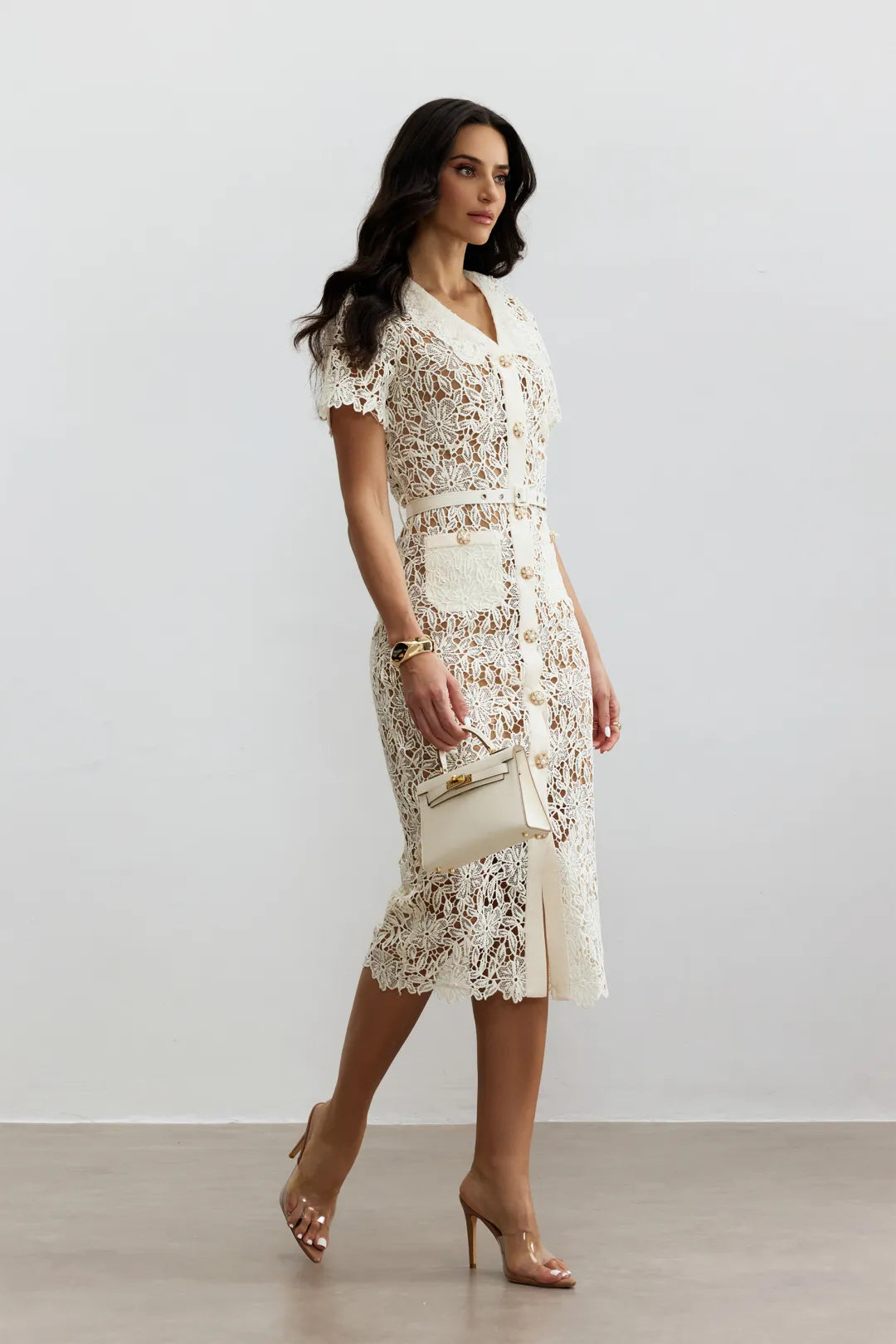 Rose | Women’s V Neck Short Sleeve Button Front Midi Dress