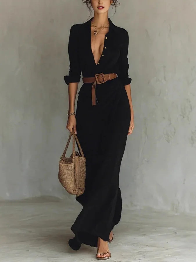 Rosemary | Women's Belted Button Front Flowy Maxi Dress
