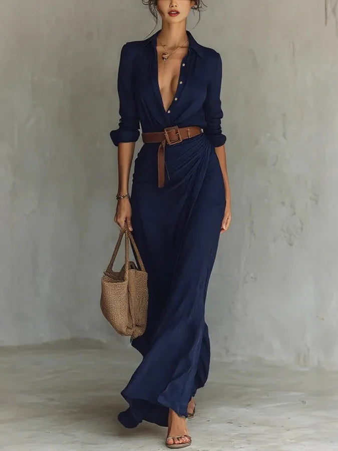 Rosemary | Women's Belted Button Front Flowy Maxi Dress