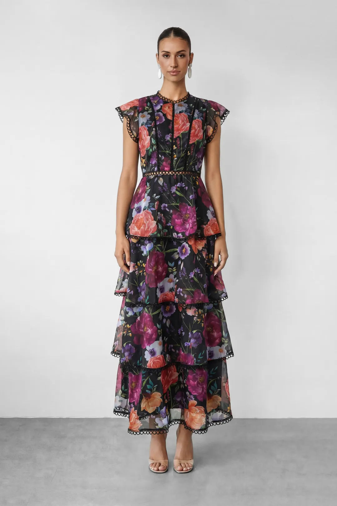 Rosie | Women’s Cap Sleeve Floral Print Tiered Ruffled Maxi Dress