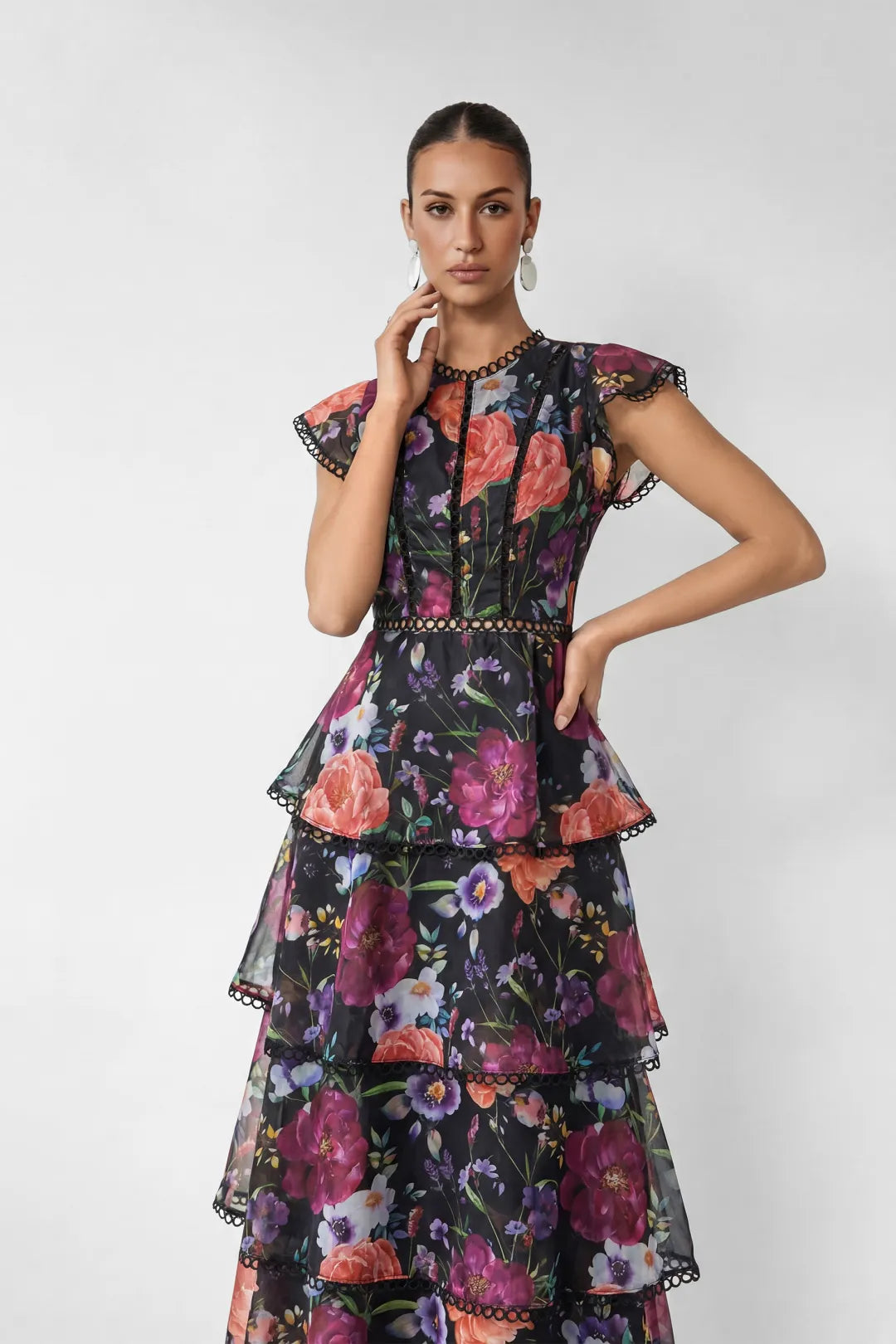 Rosie | Women’s Cap Sleeve Floral Print Tiered Ruffled Maxi Dress