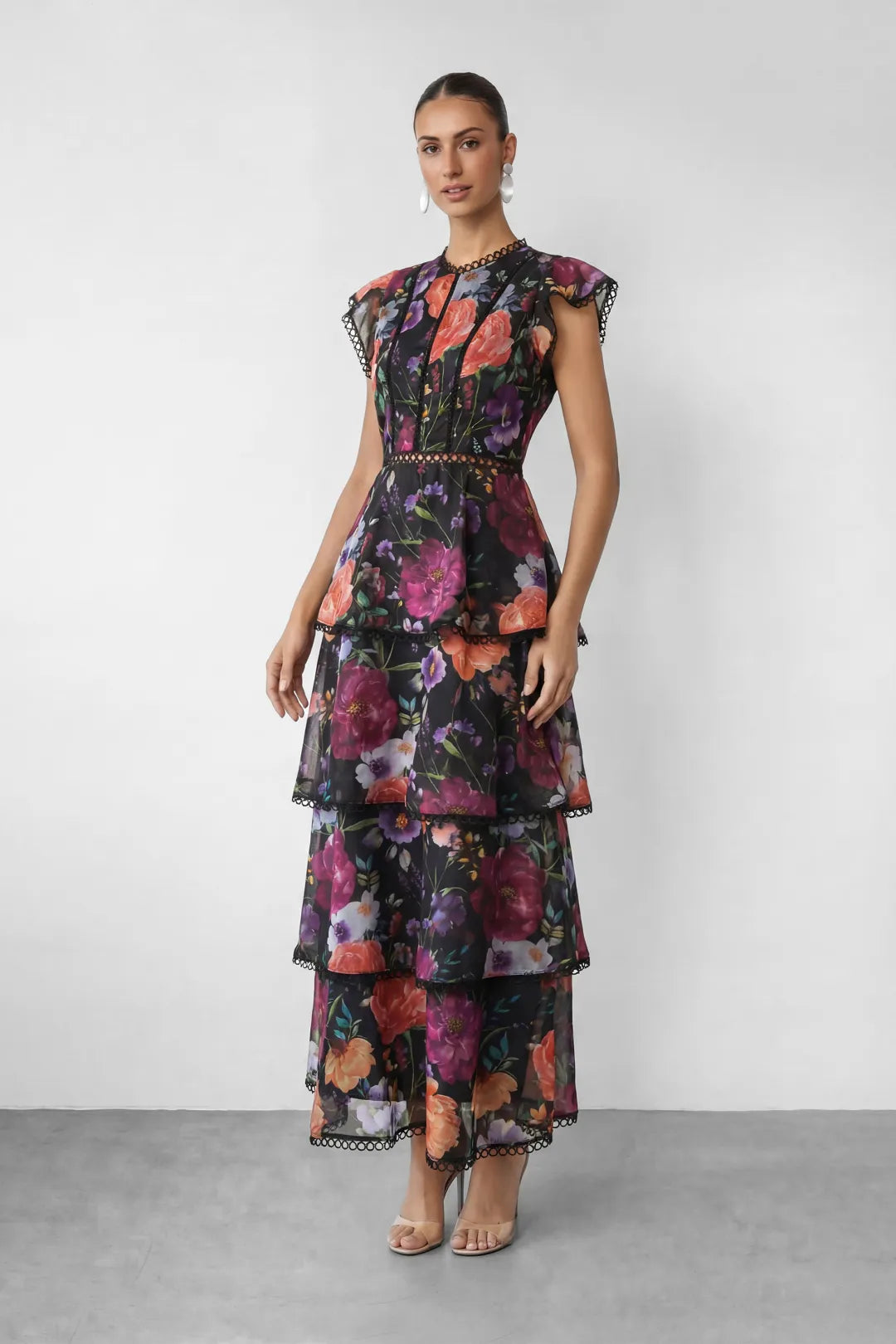 Rosie | Women’s Cap Sleeve Floral Print Tiered Ruffled Maxi Dress