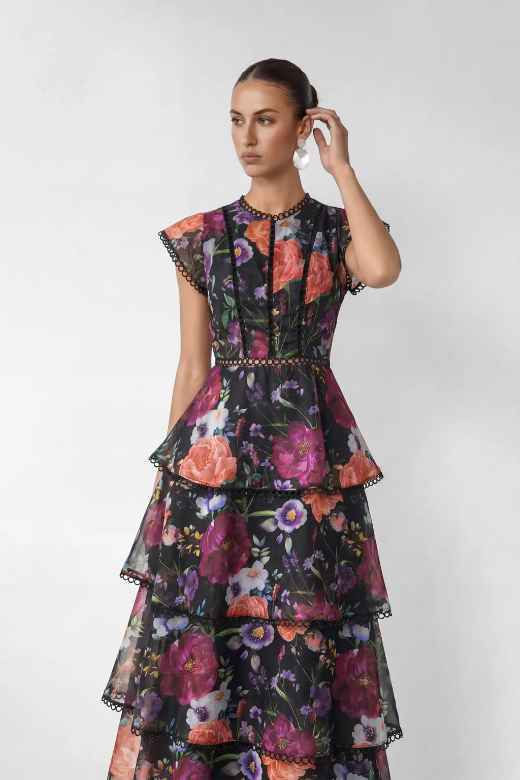 Rosie | Women’s Cap Sleeve Floral Print Tiered Ruffled Maxi Dress