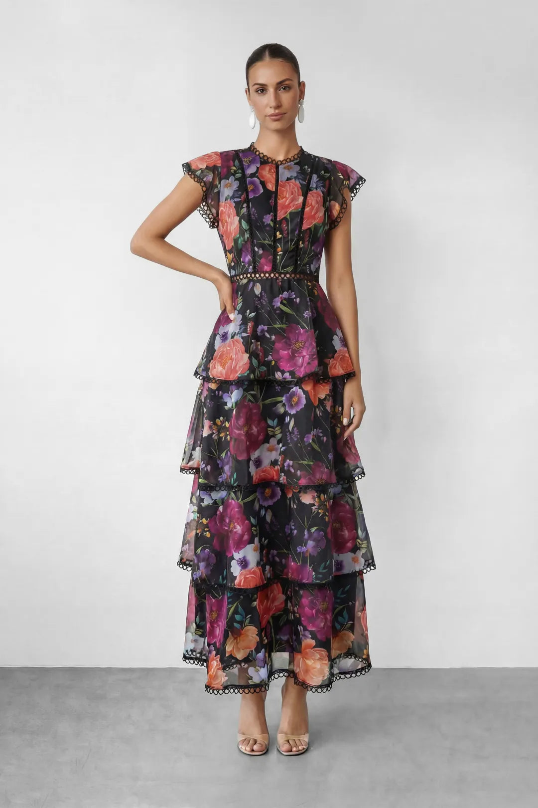 Rosie | Women’s Cap Sleeve Floral Print Tiered Ruffled Maxi Dress
