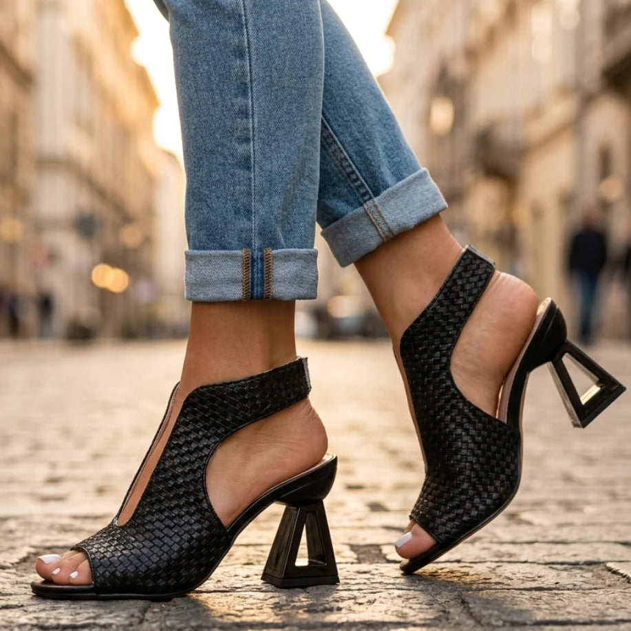 Sabine | Women's Textured Open Toe Slip On Sculpted Heels