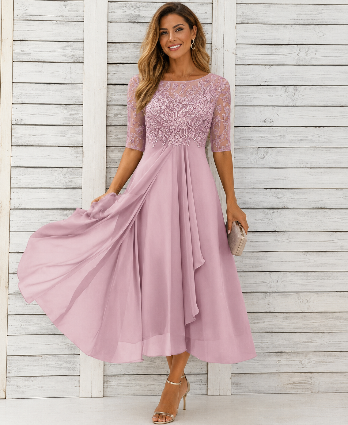 Samantha | Women’s Short Sleeve Wedding Guest Midi Dress