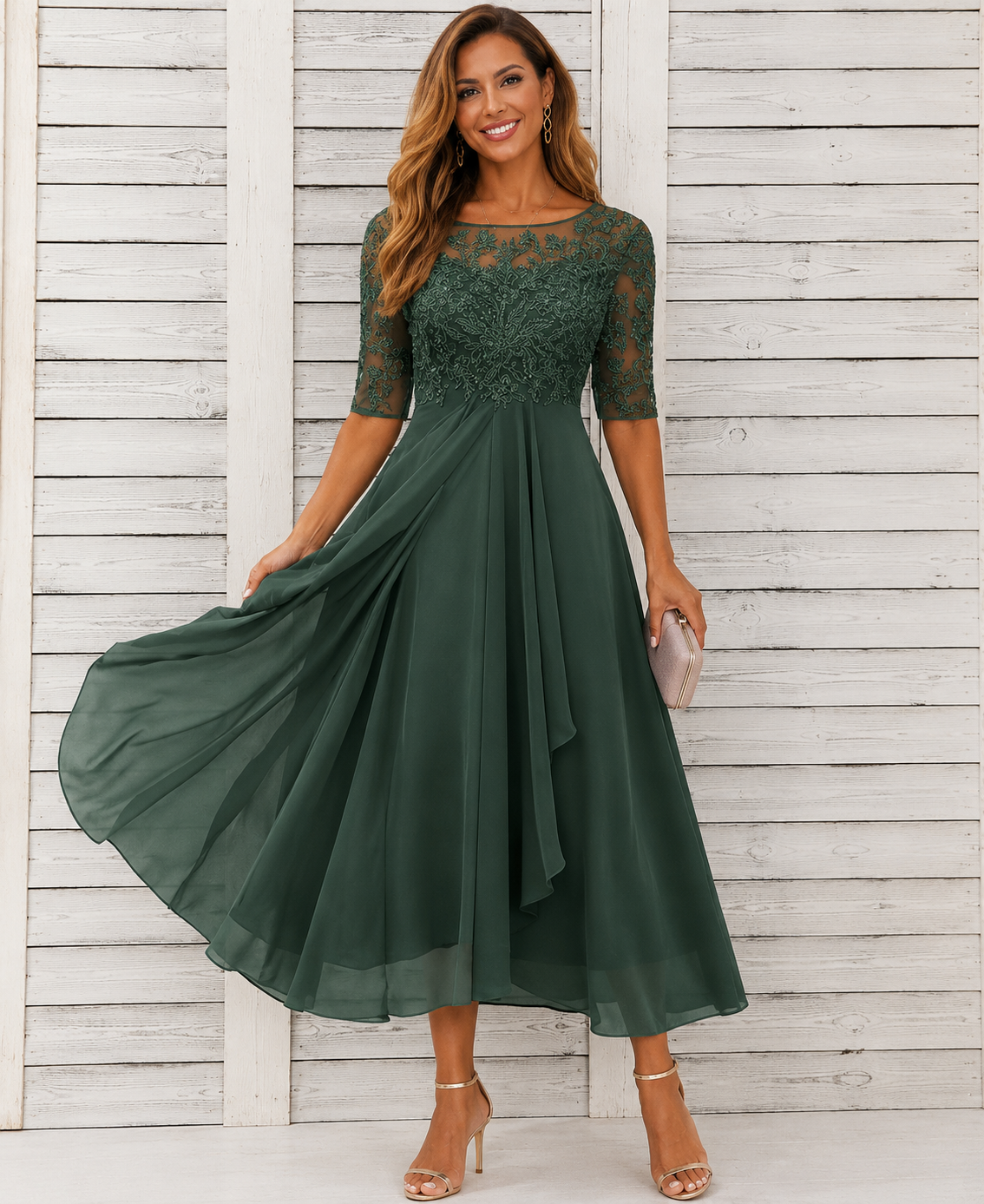 Samantha | Women’s Short Sleeve Wedding Guest Midi Dress