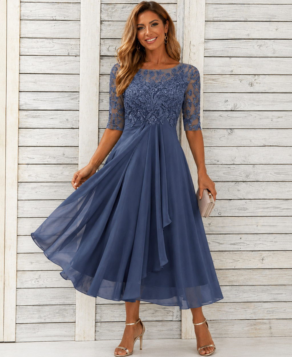 Samantha | Women’s Short Sleeve Wedding Guest Midi Dress