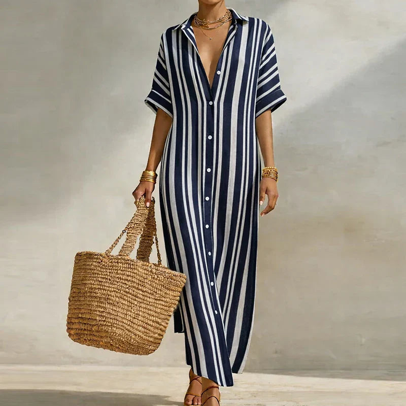 Sandra | Women's Vertical Stripe Button Front Shirt Maxi Dress