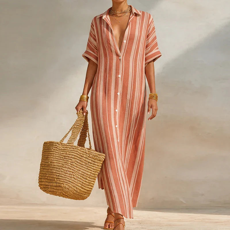 Sandra | Women's Vertical Stripe Button Front Shirt Maxi Dress