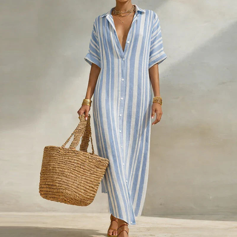 Sandra | Women's Vertical Stripe Button Front Shirt Maxi Dress