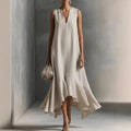 Sasha | Women's Sleeveless V-Neck Ruffle Asymmetrical Midi Dress