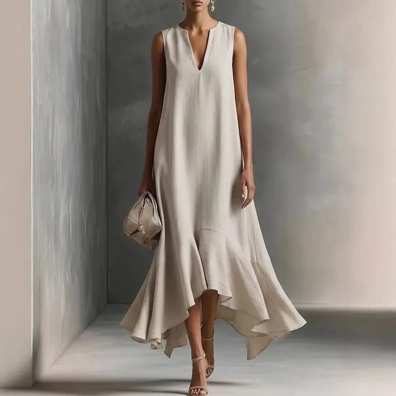 Sasha | Women's Sleeveless V-Neck Ruffle Asymmetrical Midi Dress