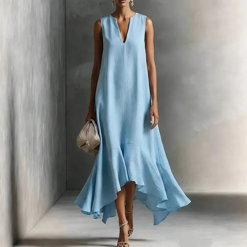 Sasha | Women's Sleeveless V-Neck Ruffle Asymmetrical Midi Dress