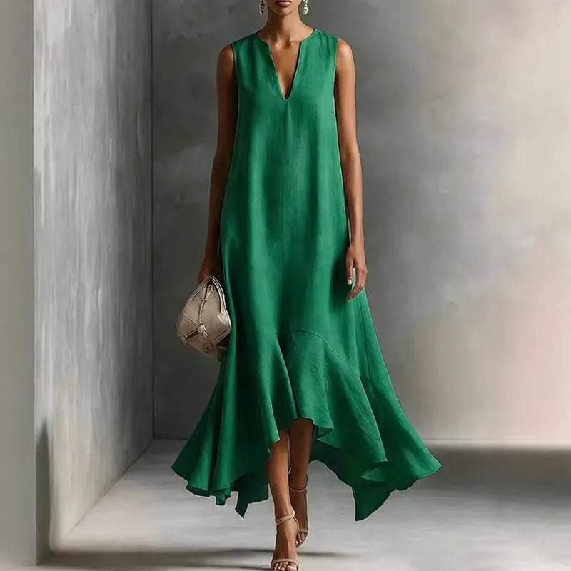 Sasha | Women's Sleeveless V-Neck Ruffle Asymmetrical Midi Dress