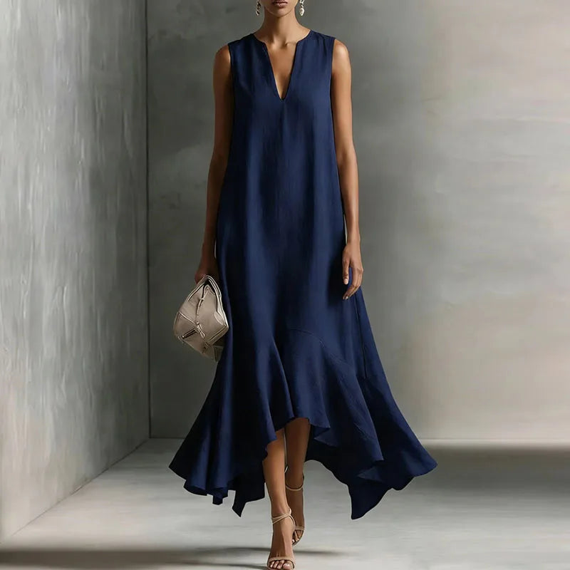 Sasha | Women's Sleeveless V-Neck Ruffle Asymmetrical Midi Dress