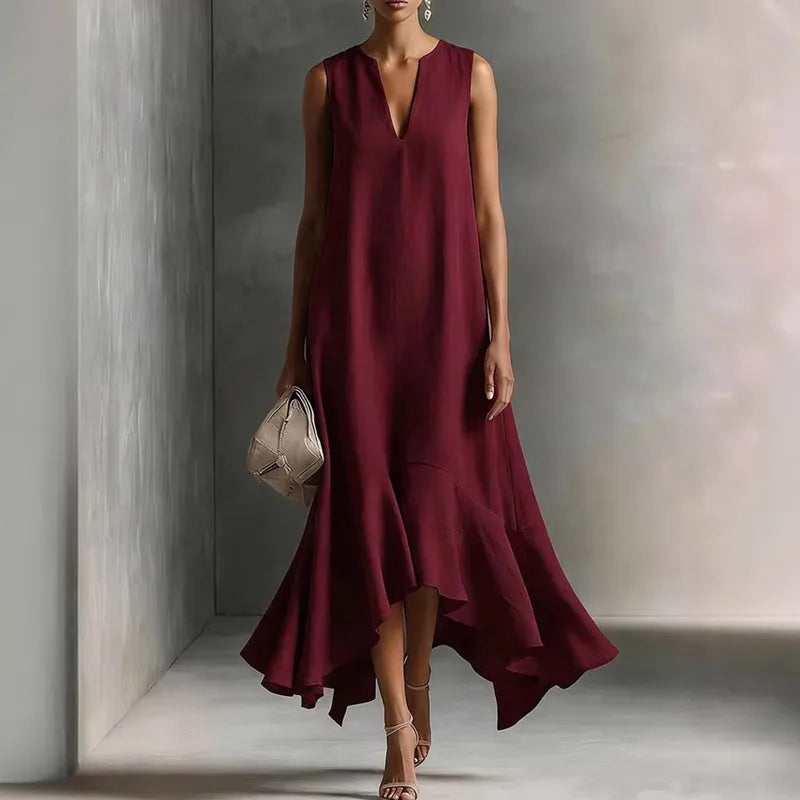 Sasha | Women's Sleeveless V-Neck Ruffle Asymmetrical Midi Dress
