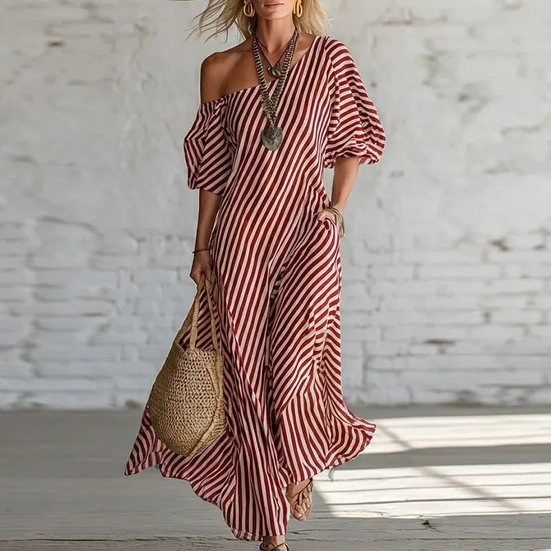 Savannah | Women’s Striped One Shoulder Boho Flowy Maxi Dress