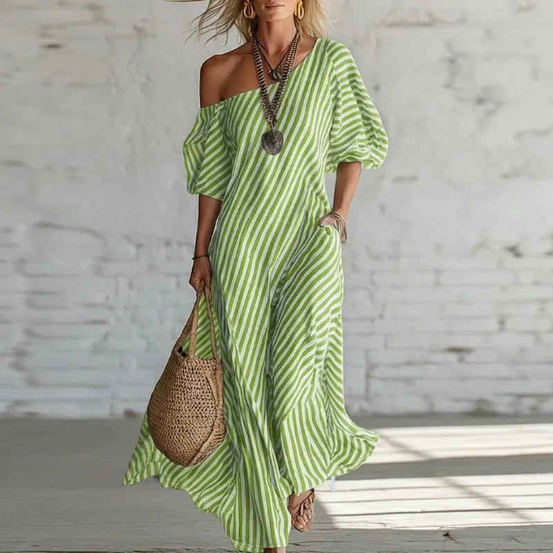 Savannah | Women’s Striped One Shoulder Boho Flowy Maxi Dress