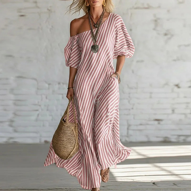 Savannah | Women’s Striped One Shoulder Boho Flowy Maxi Dress
