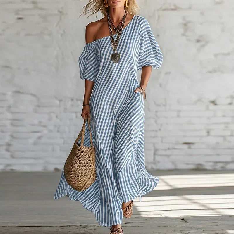 Savannah | Women’s Striped One Shoulder Boho Flowy Maxi Dress