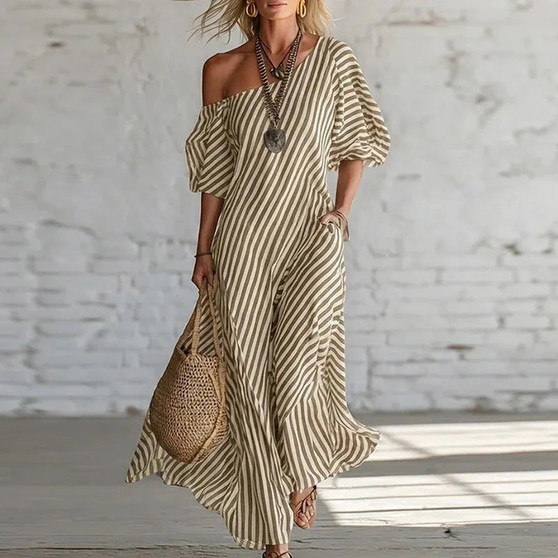 Savannah | Women’s Striped One Shoulder Boho Flowy Maxi Dress