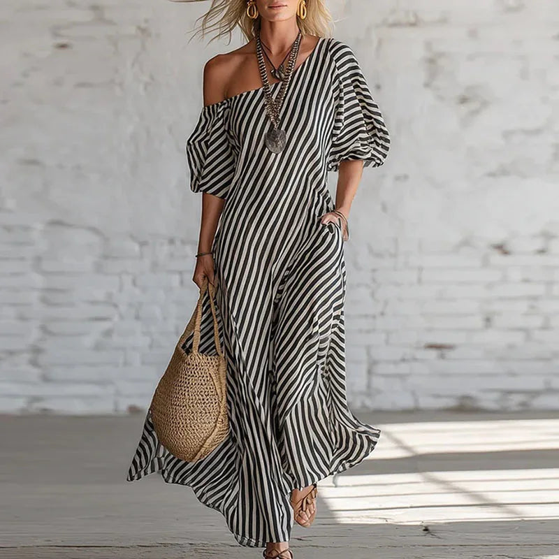 Savannah | Women’s Striped One Shoulder Boho Flowy Maxi Dress