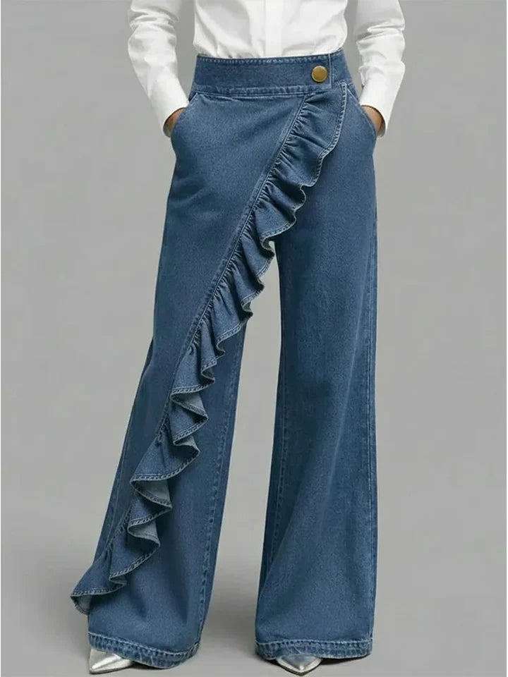 Shelly  | Women's Asymmetrical Ruffle Wide Leg Jeans
