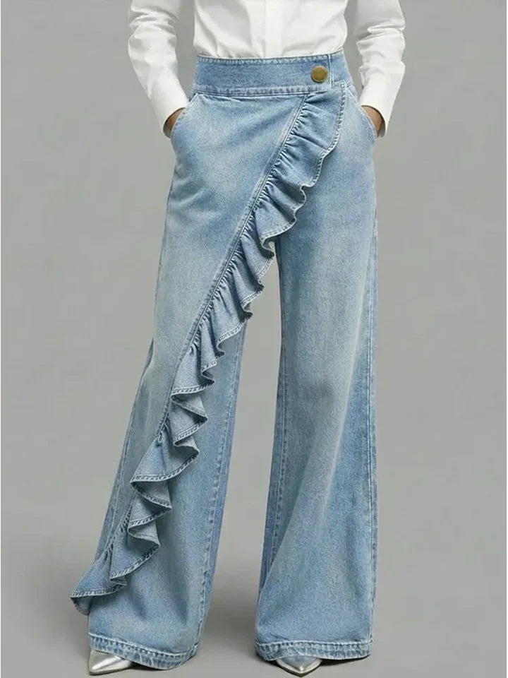 Shelly  | Women's Asymmetrical Ruffle Wide Leg Jeans