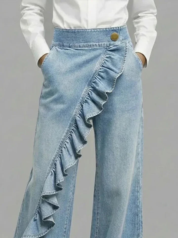 Shelly  | Women's Asymmetrical Ruffle Wide Leg Jeans