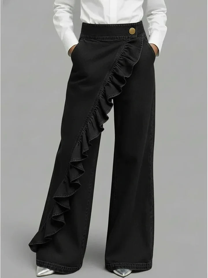 Shelly  | Women's Asymmetrical Ruffle Wide Leg Jeans